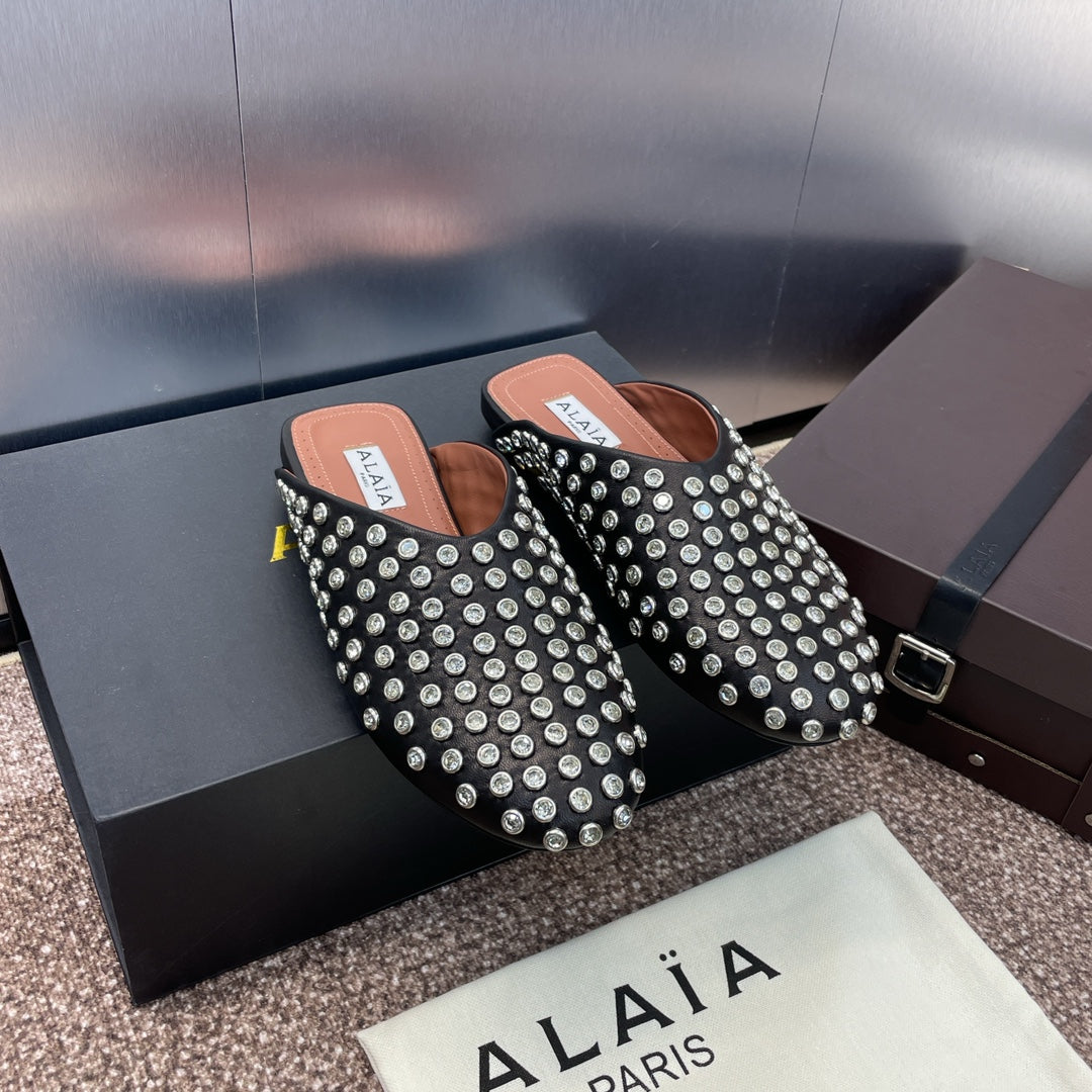 ALAIA FLAT MULES 25S IN BLACK LAMBSKIN EMBELLISHED WITH CRYSTALS - 34