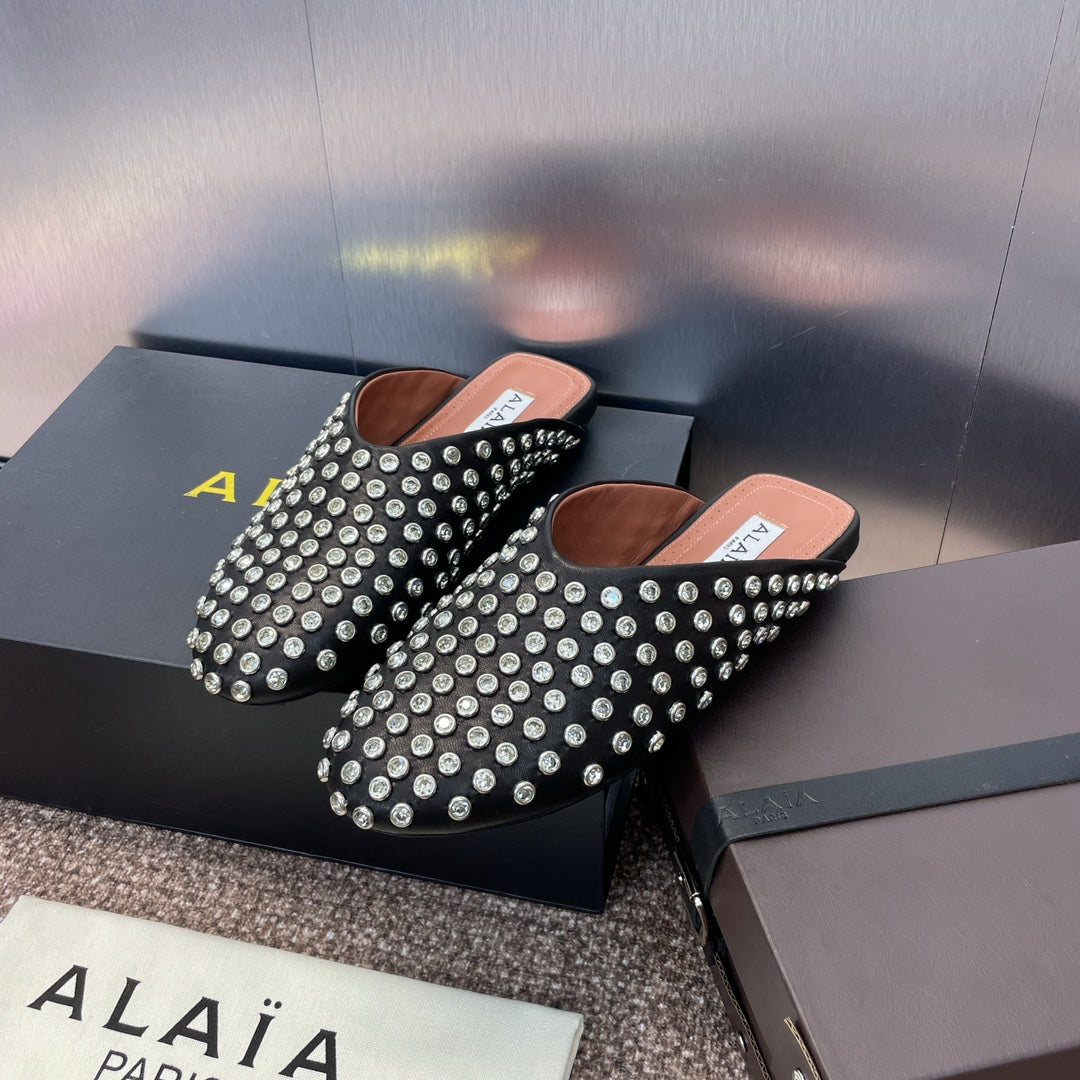 ALAIA FLAT MULES 25S IN BLACK LAMBSKIN EMBELLISHED WITH CRYSTALS - 34