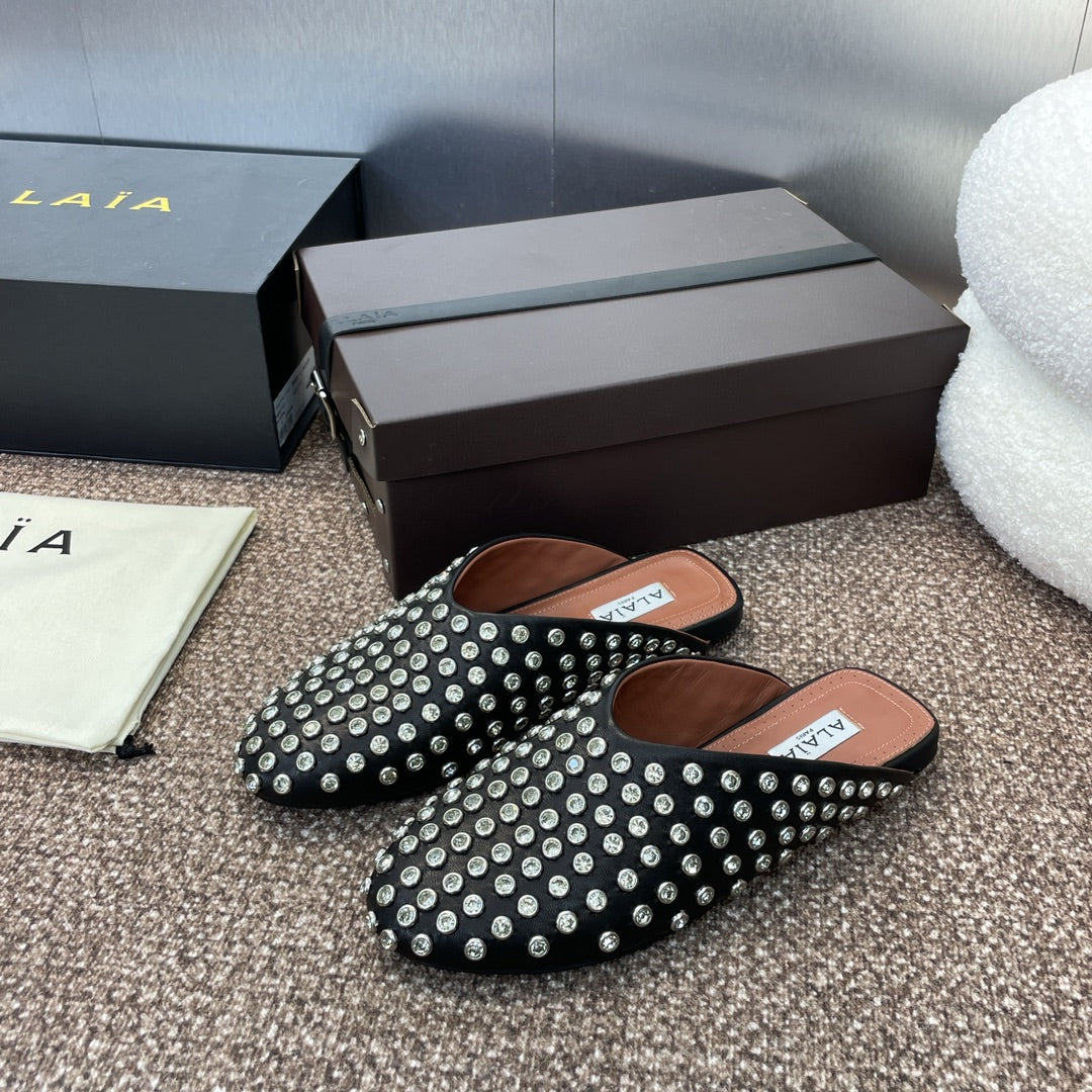 ALAIA FLAT MULES 25S IN BLACK LAMBSKIN EMBELLISHED WITH CRYSTALS - 34