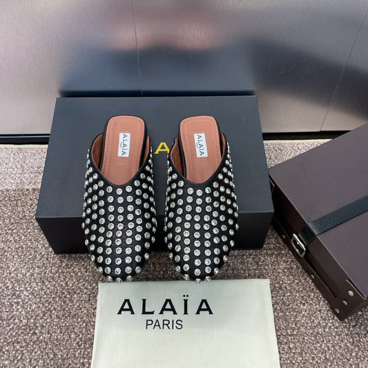 ALAIA FLAT MULES 25S IN BLACK LAMBSKIN EMBELLISHED WITH CRYSTALS - 34