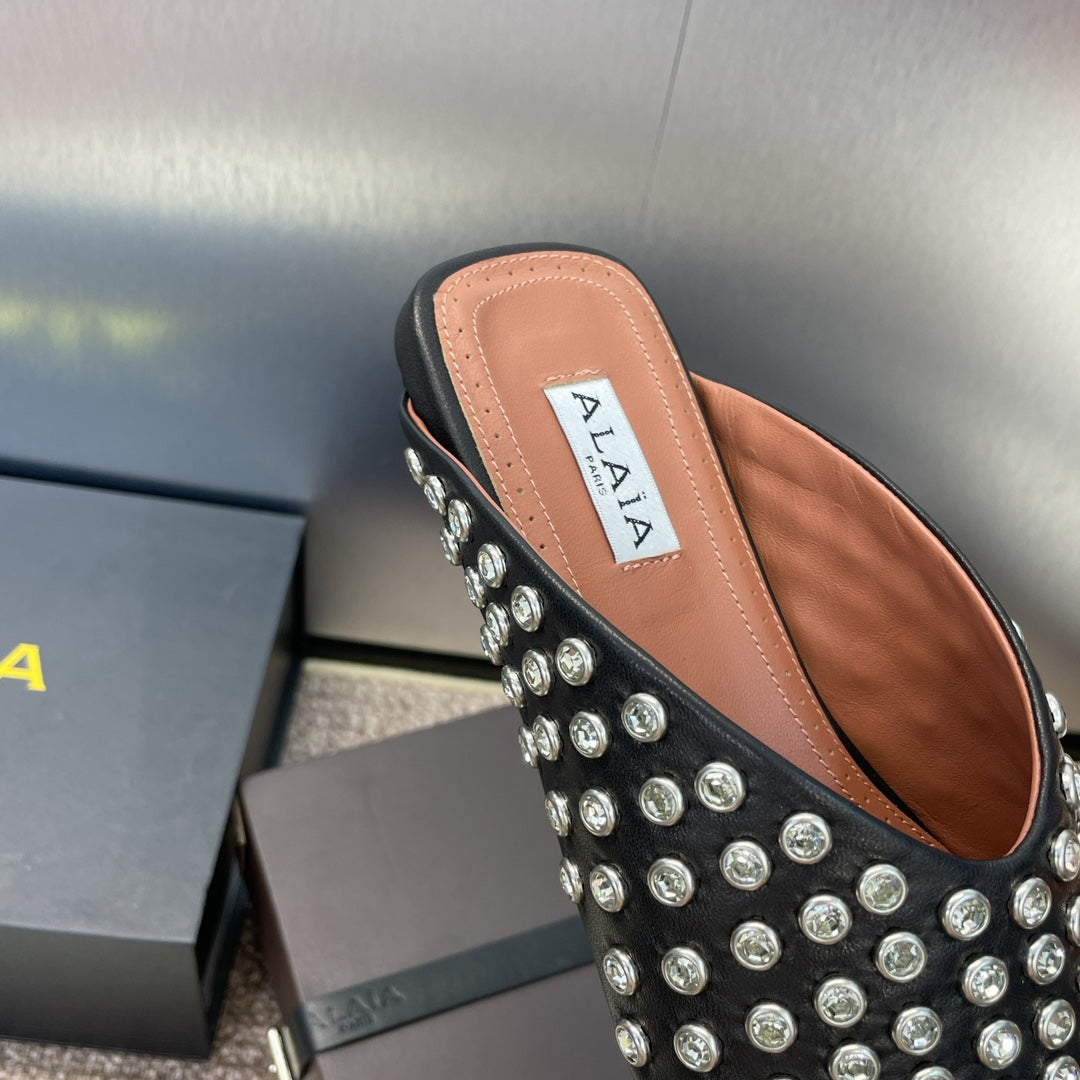 ALAIA FLAT MULES 25S IN BLACK LAMBSKIN EMBELLISHED WITH CRYSTALS - 34