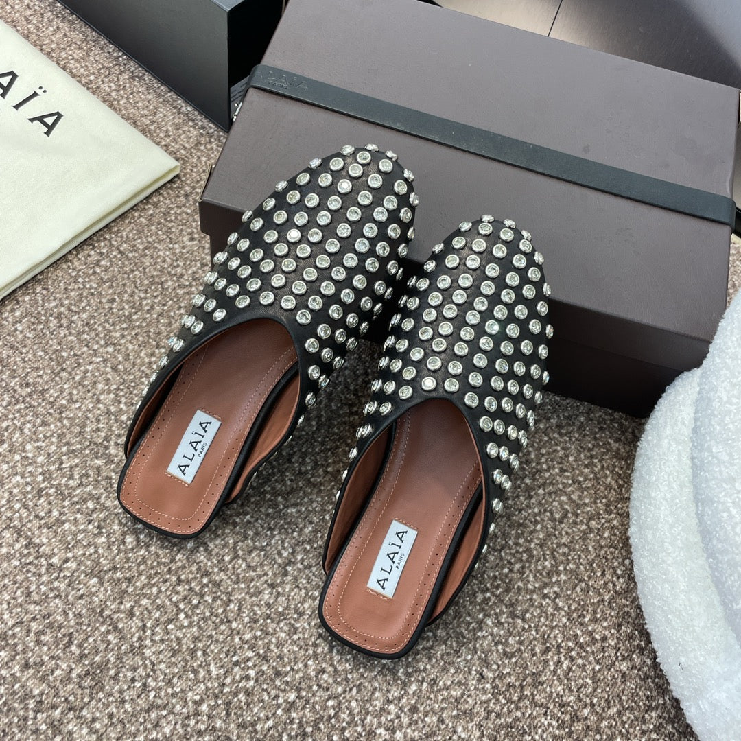 ALAIA FLAT MULES 25S IN BLACK LAMBSKIN EMBELLISHED WITH CRYSTALS - 34