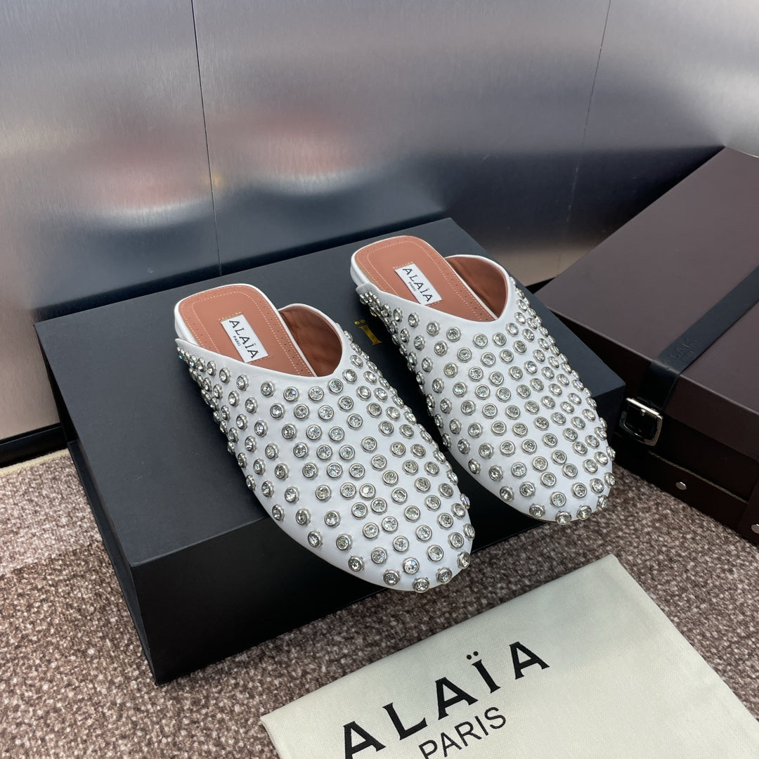 ALAIA FLAT MULES 25S IN WHITE LAMBSKIN EMBELLISHED WITH CRYSTALS - 34