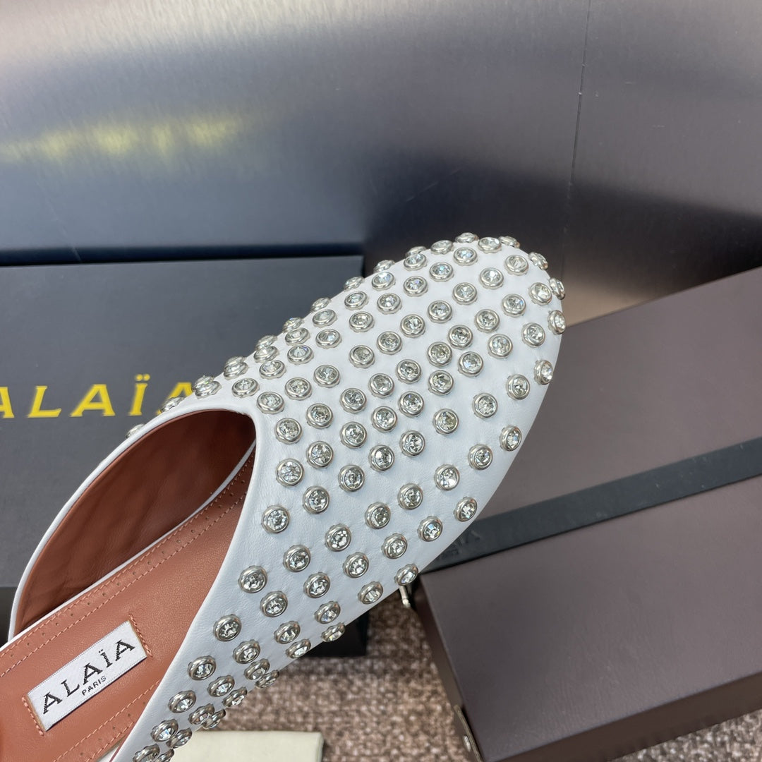 ALAIA FLAT MULES 25S IN WHITE LAMBSKIN EMBELLISHED WITH CRYSTALS - 34