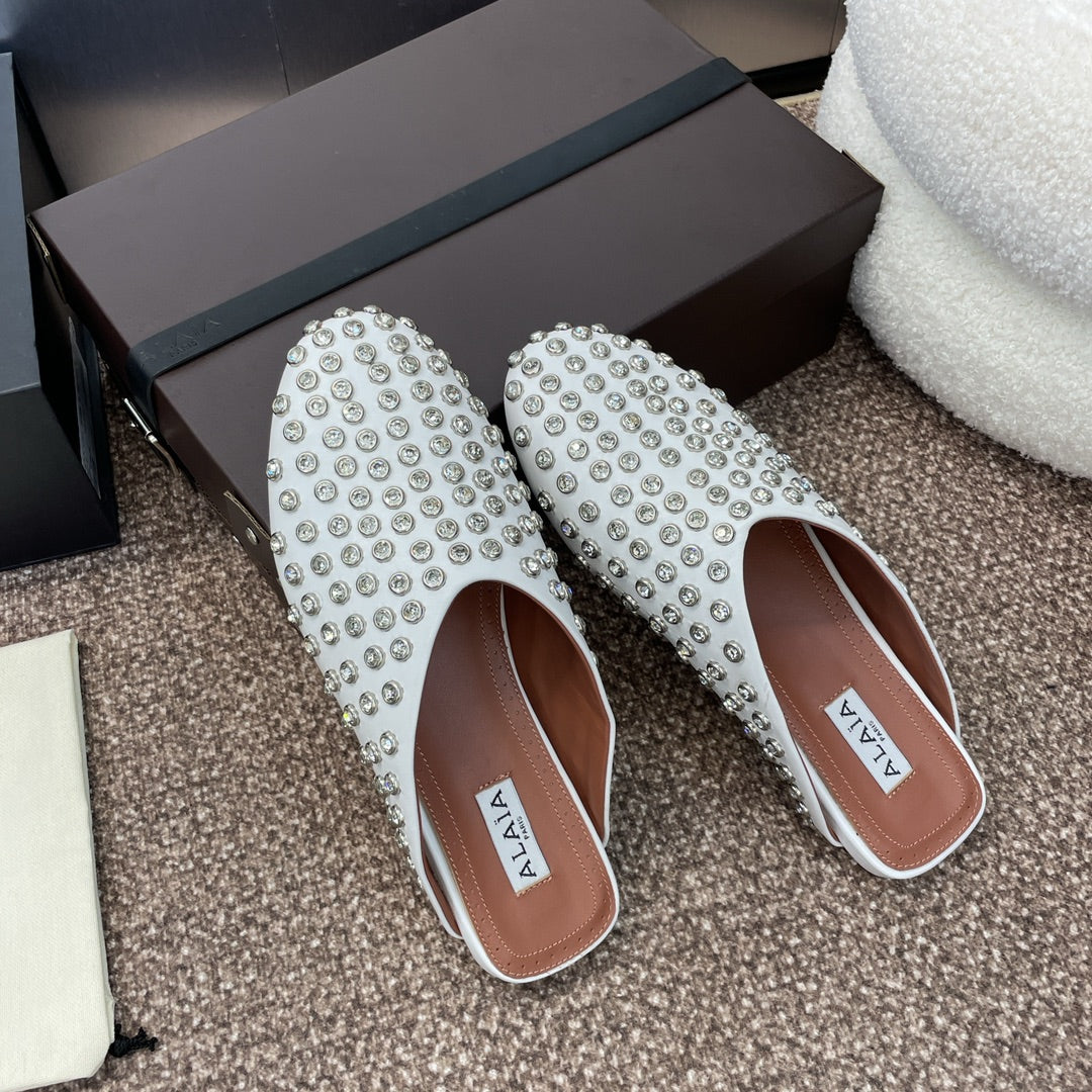 ALAIA FLAT MULES 25S IN WHITE LAMBSKIN EMBELLISHED WITH CRYSTALS - 34