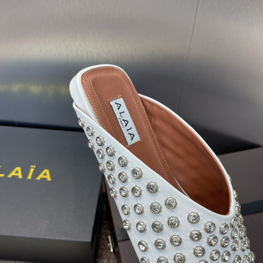 ALAIA FLAT MULES 25S IN WHITE LAMBSKIN EMBELLISHED WITH CRYSTALS - 34