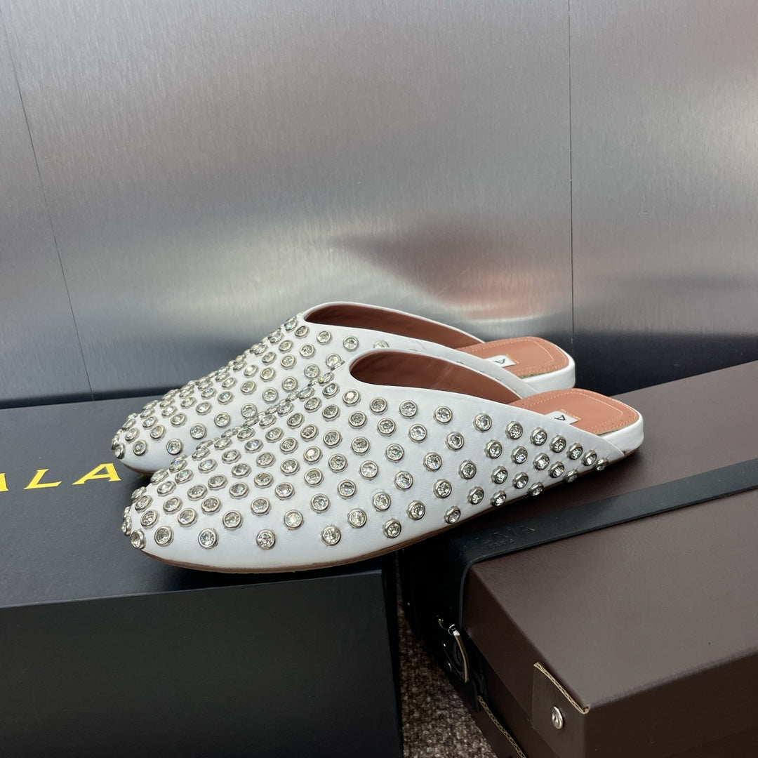 ALAIA FLAT MULES 25S IN WHITE LAMBSKIN EMBELLISHED WITH CRYSTALS - 34
