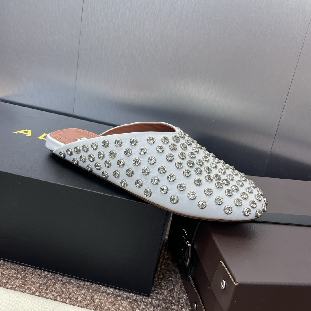 ALAIA FLAT MULES 25S IN WHITE LAMBSKIN EMBELLISHED WITH CRYSTALS - 34