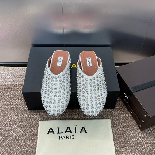ALAIA FLAT MULES 25S IN WHITE LAMBSKIN EMBELLISHED WITH CRYSTALS - 34