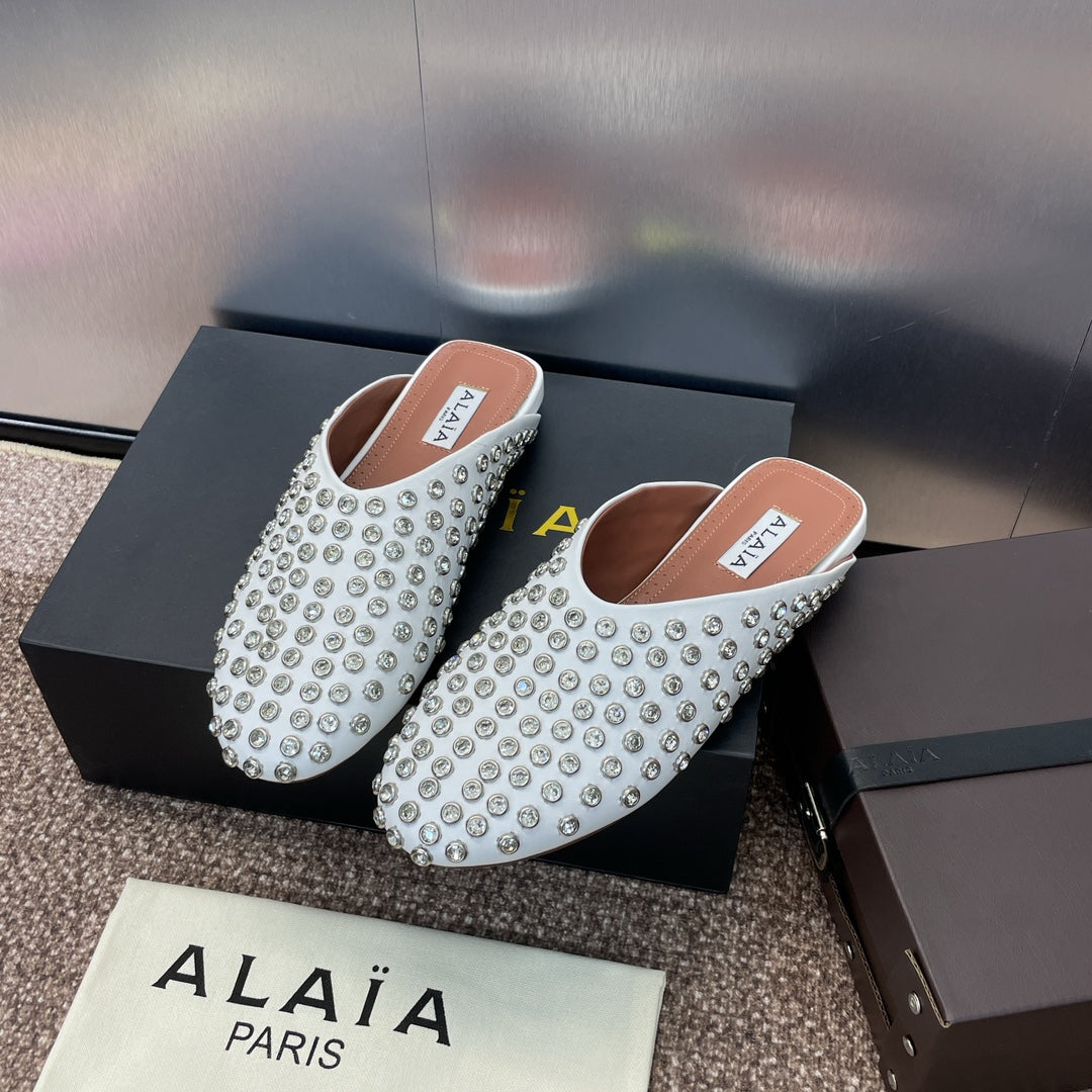 ALAIA FLAT MULES 25S IN WHITE LAMBSKIN EMBELLISHED WITH CRYSTALS - 34
