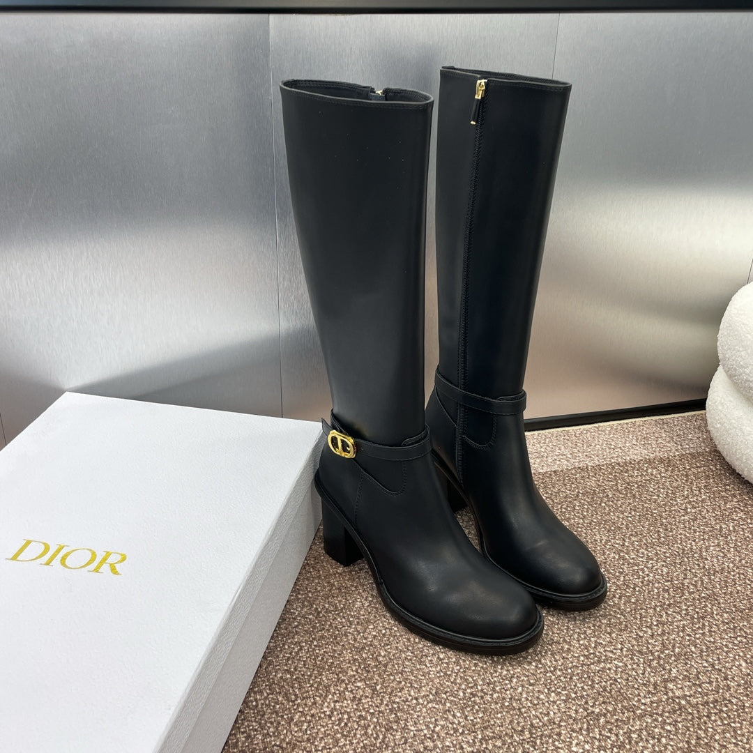 DIOR 25S MONTAIGNE TALL BOOTS 70MM IN BLACK CALFSKIN - 35