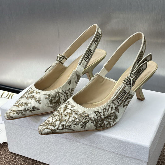 J'ADIOR HIGH SLINGBACK PUMP WHITE AND GOLD-TONE MILLEFIORI JACQUARD 65 MM - 33