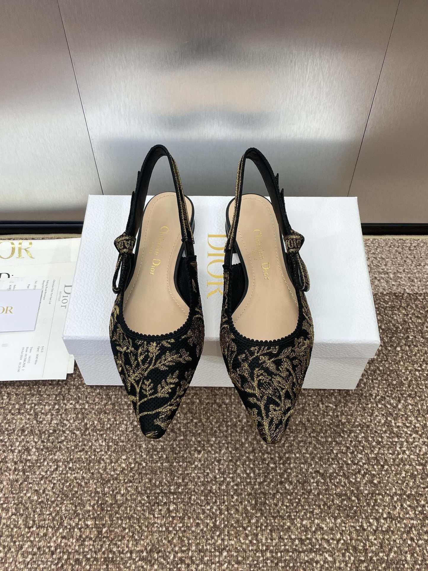 J'ADIOR SLINGBACK PUMP BLACK AND GOLD-TONE MILLEFIORI JACQUARD - 33