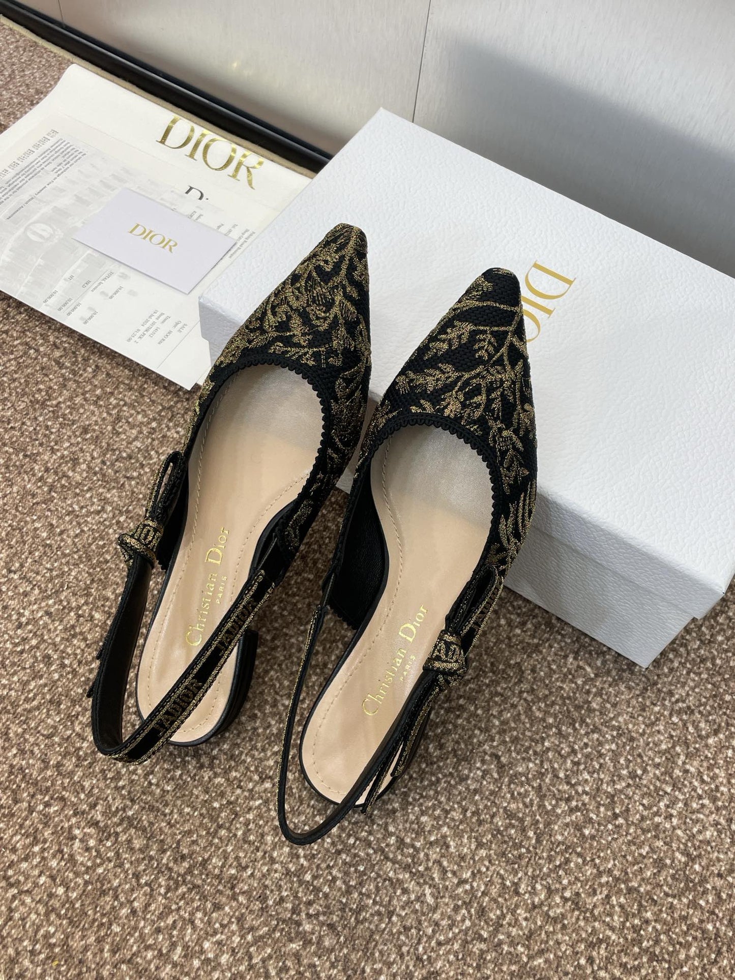 J'ADIOR SLINGBACK PUMP BLACK AND GOLD-TONE MILLEFIORI JACQUARD - 33