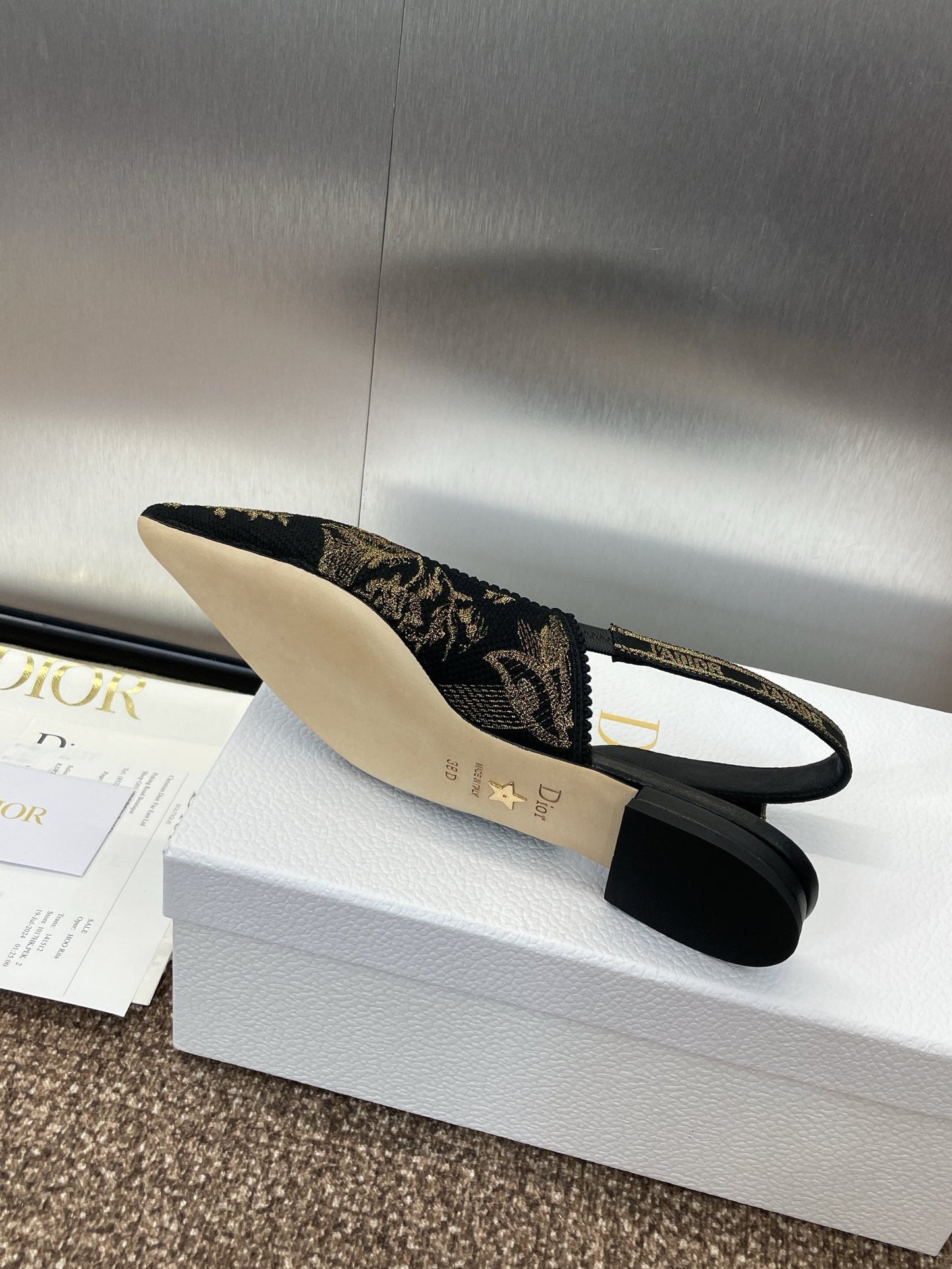 J'ADIOR SLINGBACK PUMP BLACK AND GOLD-TONE MILLEFIORI JACQUARD - 33