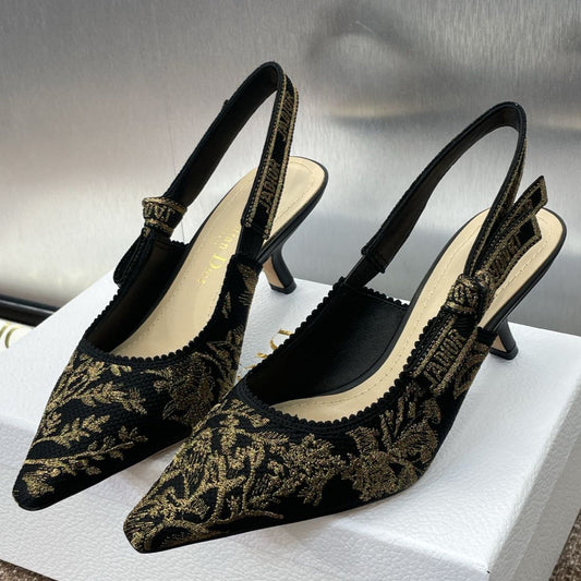 J'ADIOR HIGH SLINGBACK PUMP BLACK AND GOLD-TONE MILLEFIORI JACQUARD 65 MM - 33