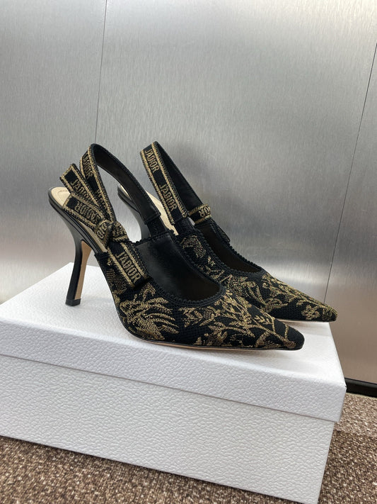 J'ADIOR HIGH SLINGBACK PUMP BLACK AND GOLD-TONE MILLEFIORI JACQUARD 95 MM - 33