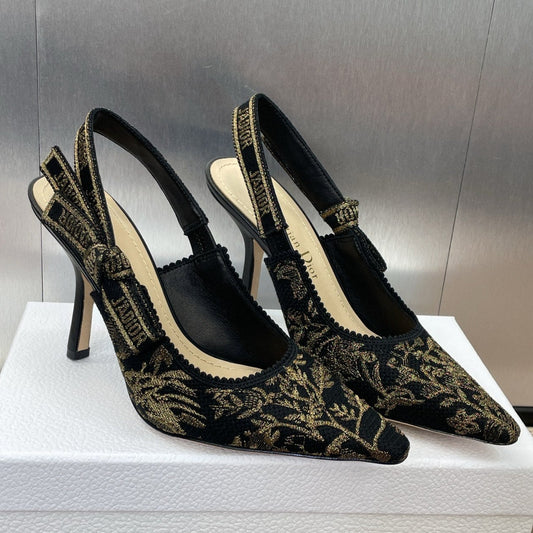 J'ADIOR HIGH SLINGBACK PUMP BLACK AND GOLD-TONE MILLEFIORI JACQUARD 95 MM - 33