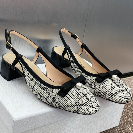 SLINGBACK PUMP IN WHITE MIX BLACK EMBROIDERED CANNAGE TWEED 35 MM - 34
