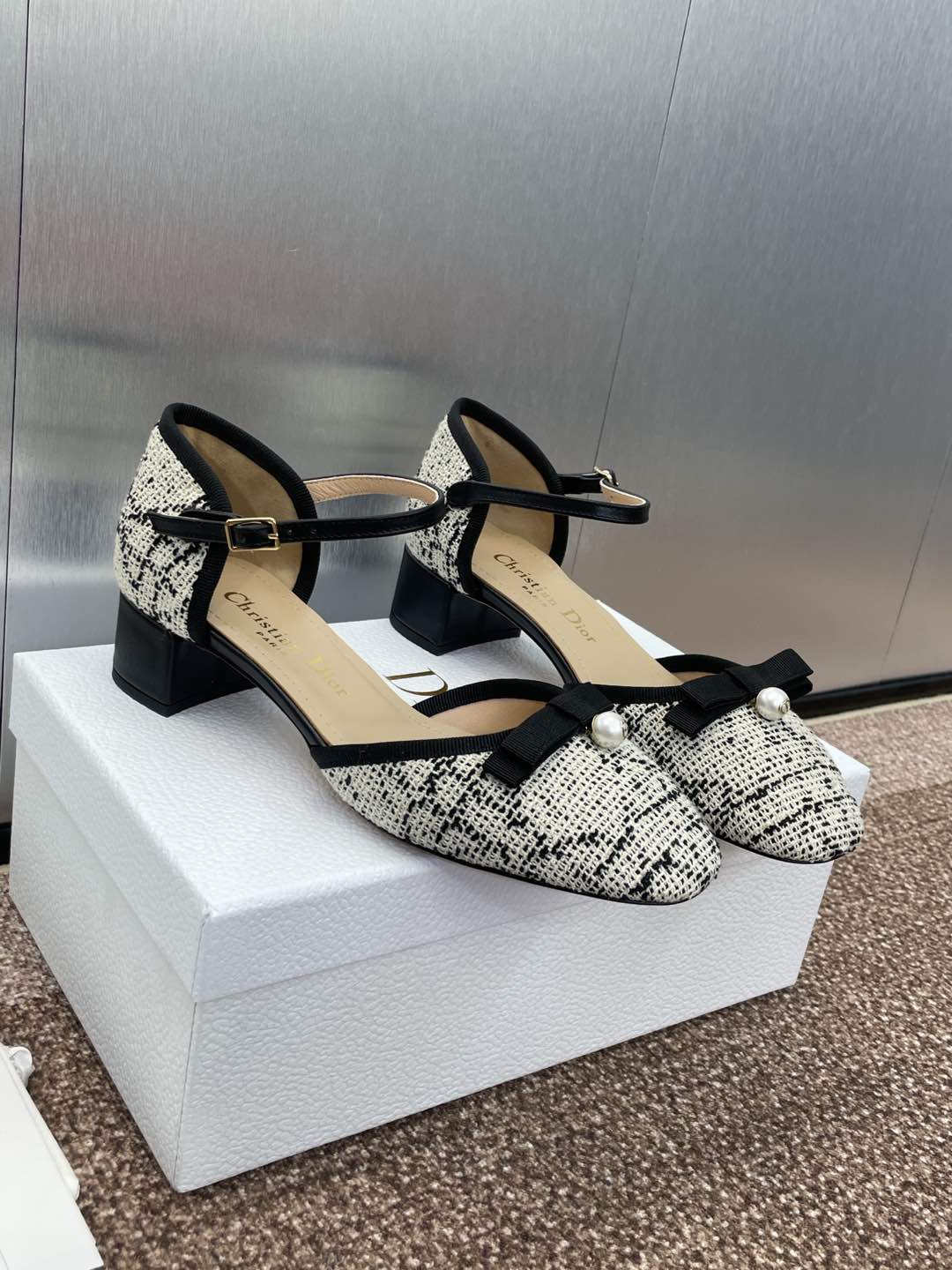 BALLET SLINGBACK PUMP IN WHITE MIX BLACK EMBROIDERED CANNAGE TWEED 35 MM - 34