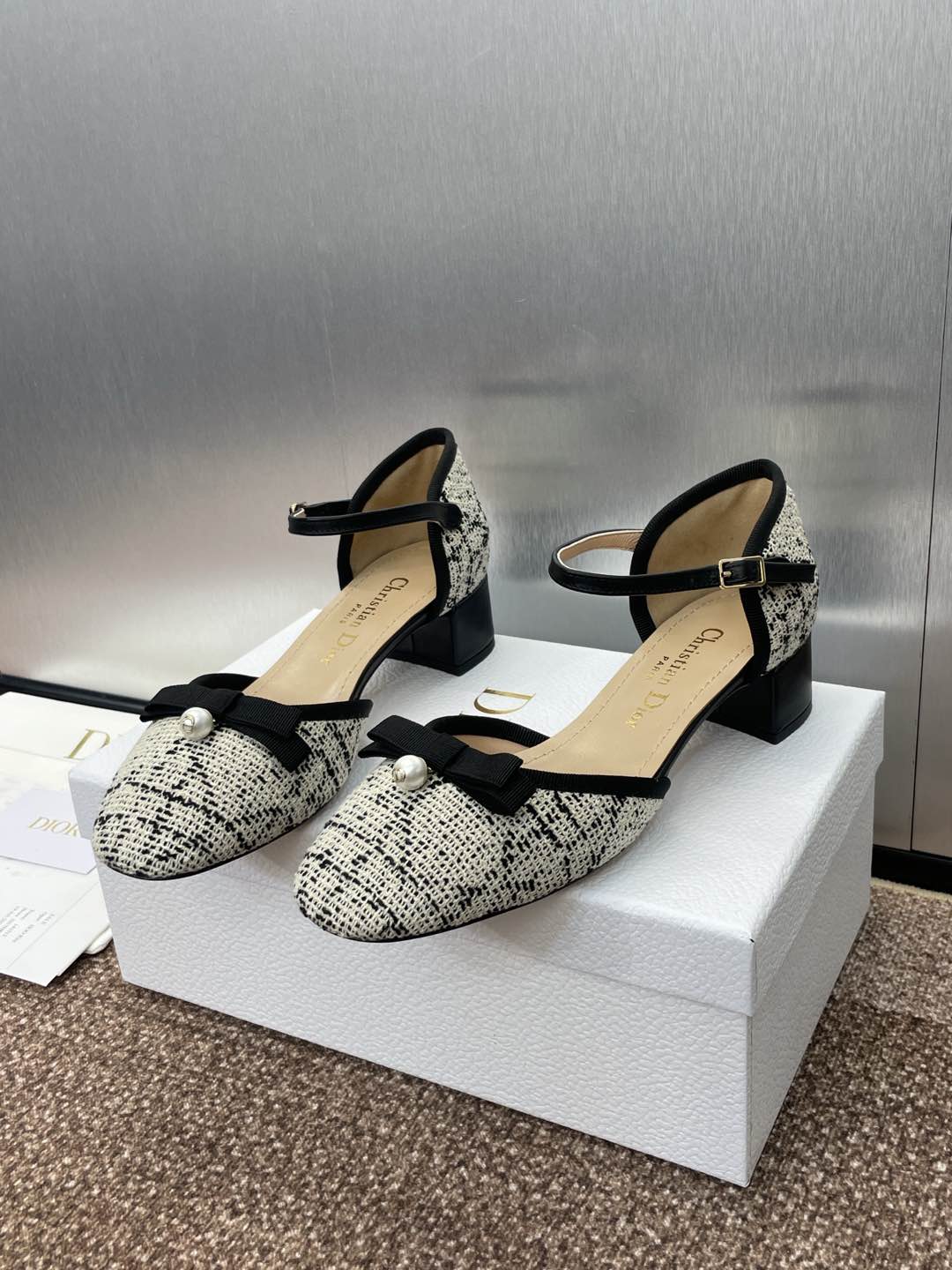 BALLET SLINGBACK PUMP IN WHITE MIX BLACK EMBROIDERED CANNAGE TWEED 35 MM - 34