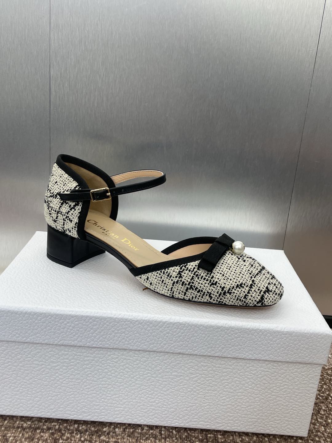 BALLET SLINGBACK PUMP IN WHITE MIX BLACK EMBROIDERED CANNAGE TWEED 35 MM - 34