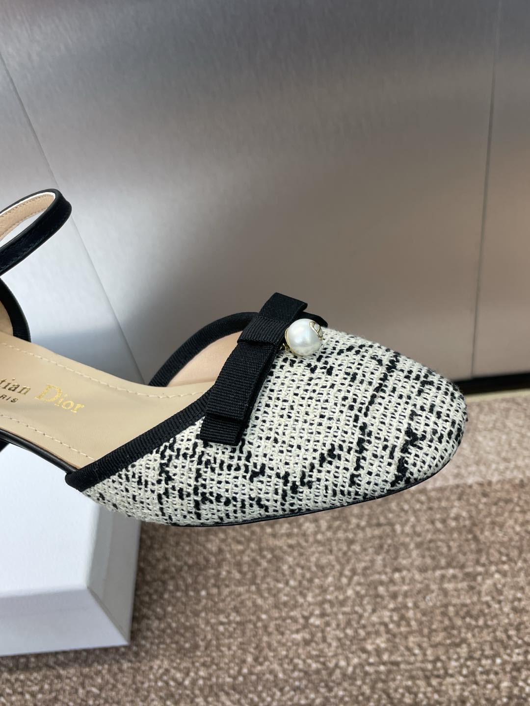 BALLET SLINGBACK PUMP IN WHITE MIX BLACK EMBROIDERED CANNAGE TWEED 35 MM - 34