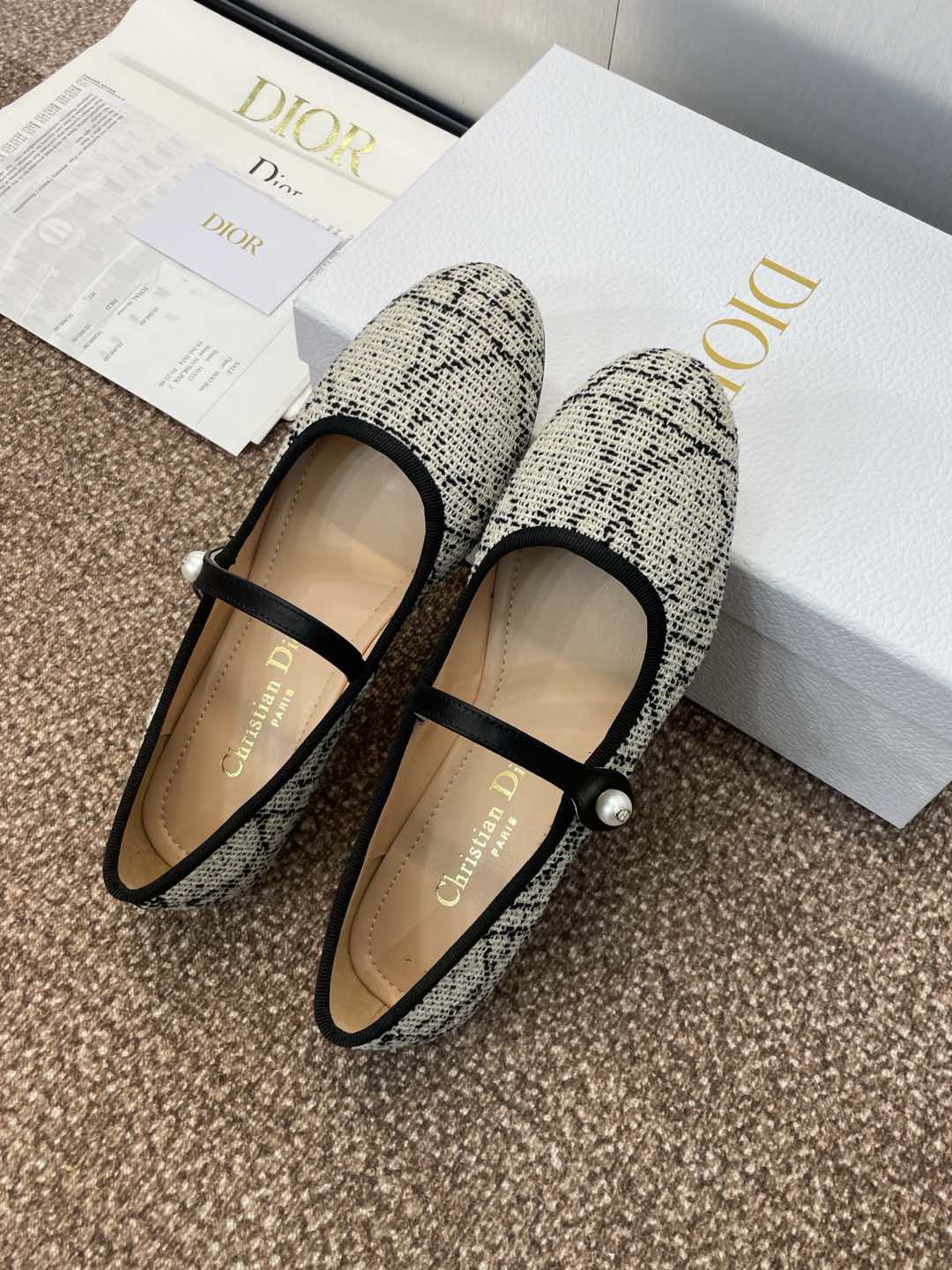 D-RAMOUR BALLET FLATS IN WHITE MIX BLACK EMBROIDERED CANNAGE TWEED - 34