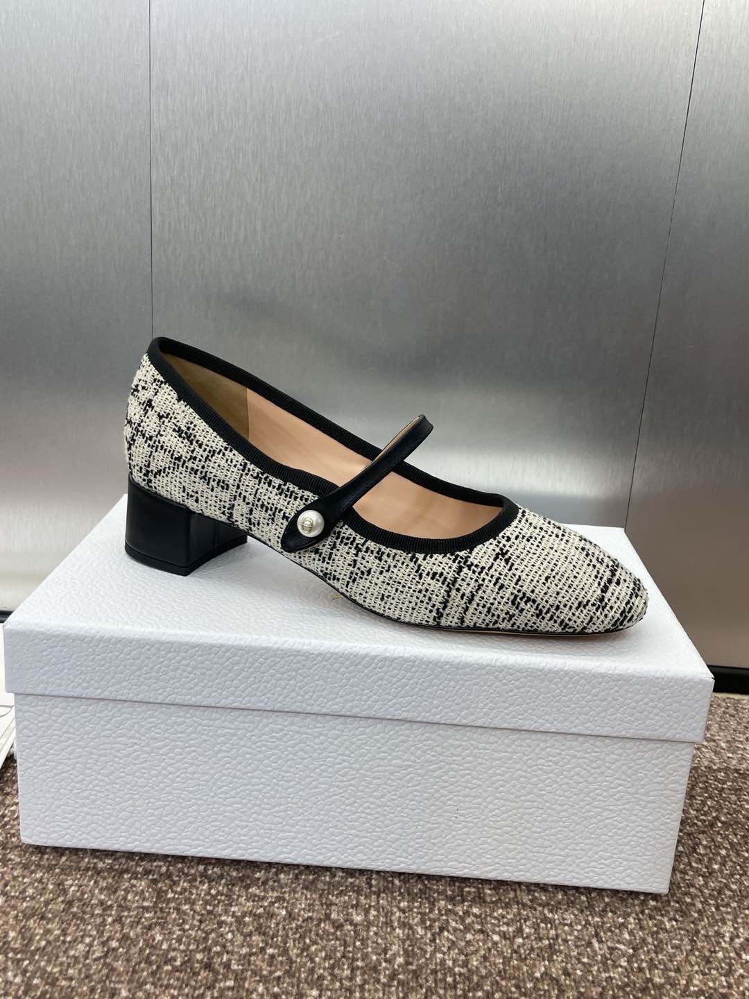 D-RAMOUR BALLET FLATS IN WHITE MIX BLACK EMBROIDERED CANNAGE TWEED 35 MM - 34