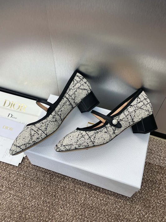 D-RAMOUR BALLET FLATS IN WHITE MIX BLACK EMBROIDERED CANNAGE TWEED 35 MM - 34