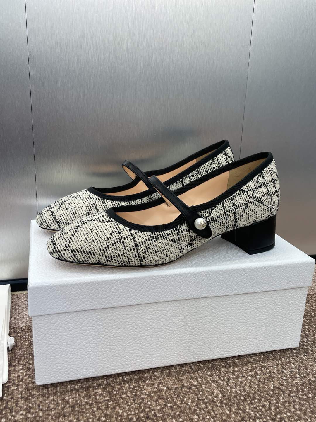 D-RAMOUR BALLET FLATS IN WHITE MIX BLACK EMBROIDERED CANNAGE TWEED 35 MM - 34