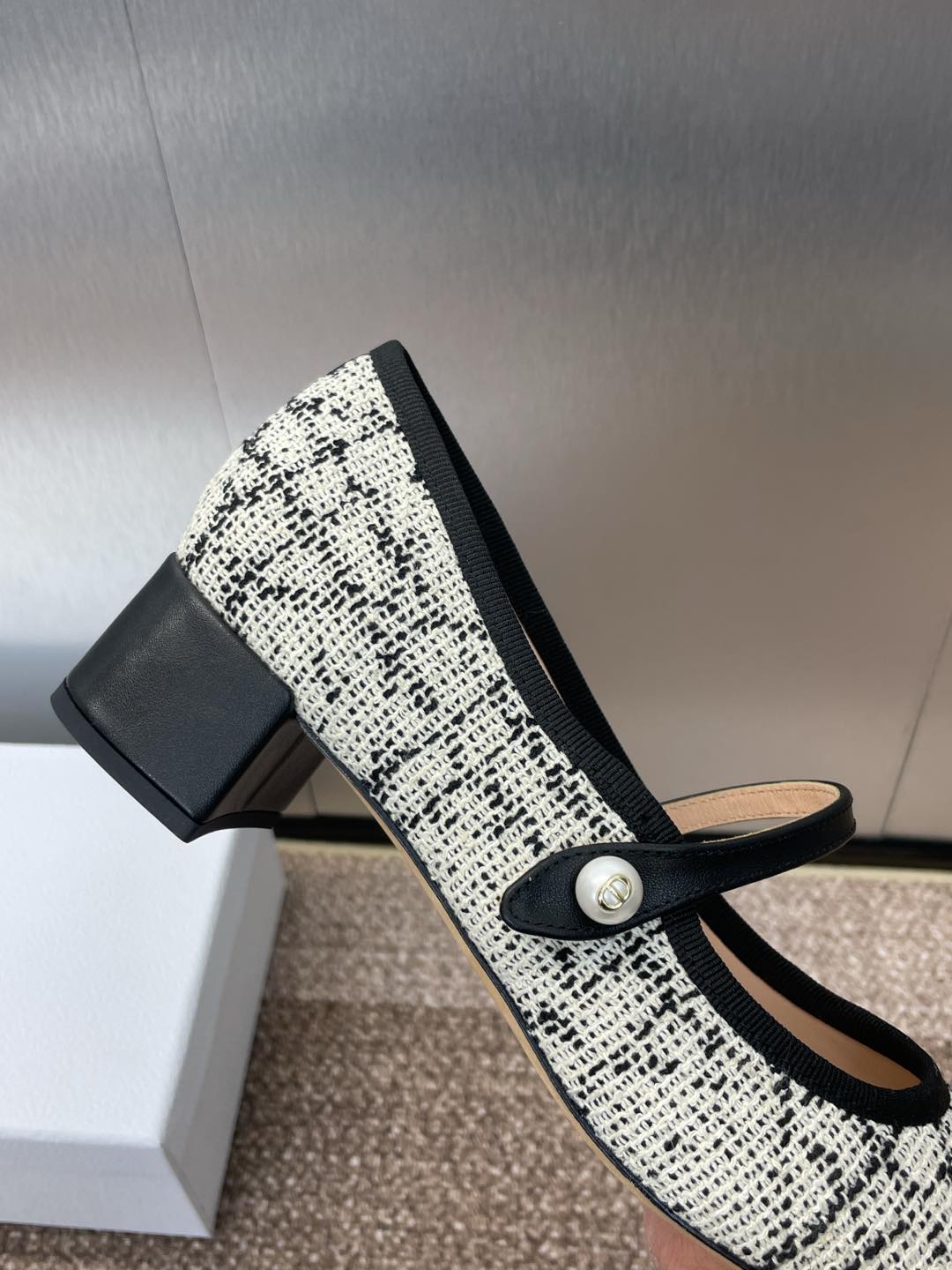 D-RAMOUR BALLET FLATS IN WHITE MIX BLACK EMBROIDERED CANNAGE TWEED 35 MM - 34