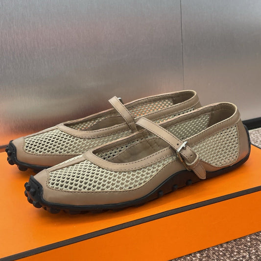 KICHU BALLET FLAT IN MOCHA BROWN CROCHET KNIT AND CALFSKIN - 35