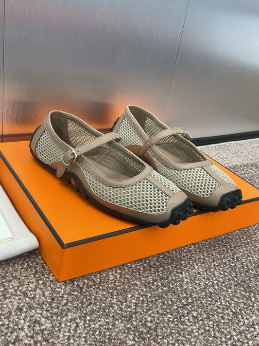 KICHU BALLET FLAT IN MOCHA BROWN CROCHET KNIT AND CALFSKIN - 35