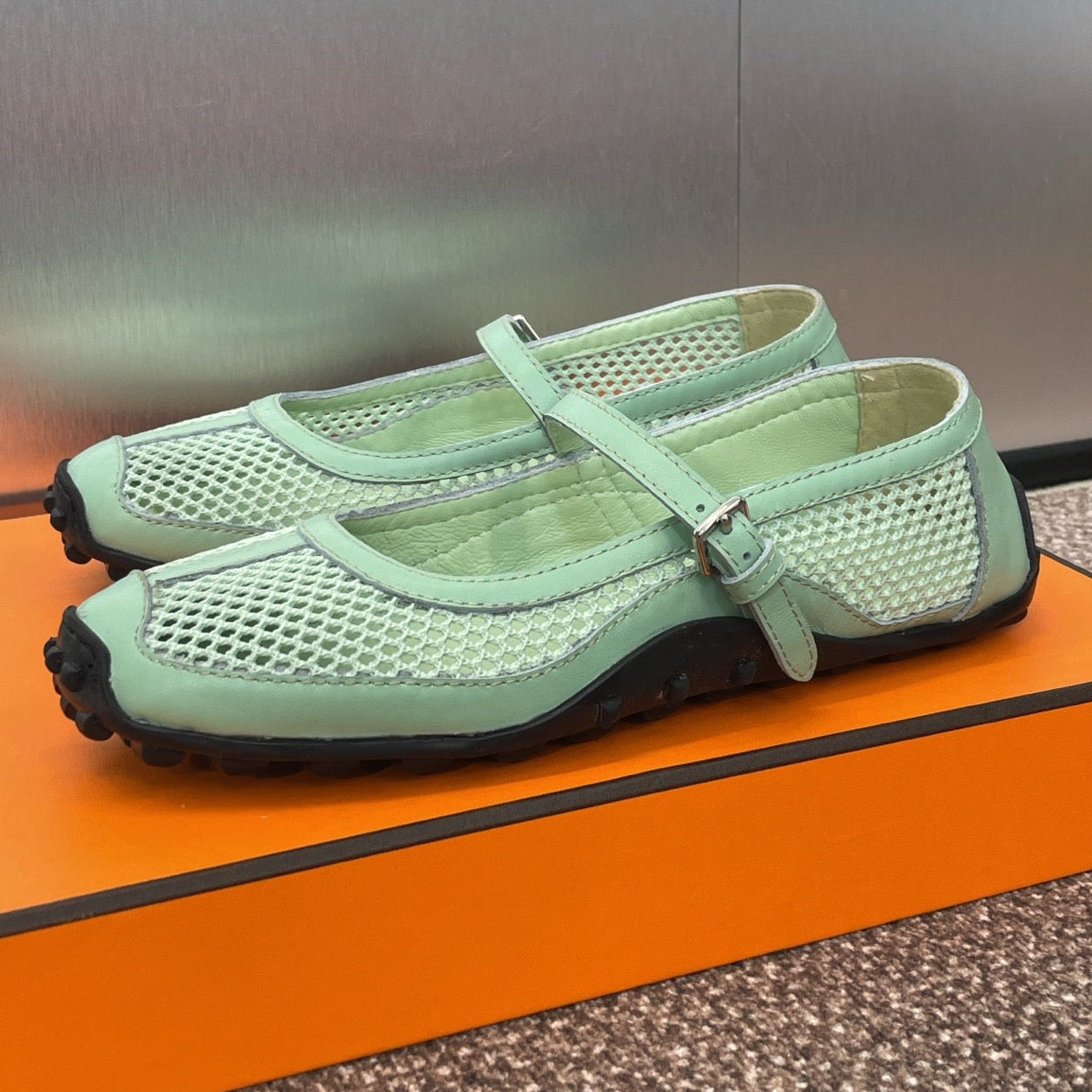 KICHU BALLET FLAT IN GREEN MINT CROCHET KNIT AND CALFSKIN - 35