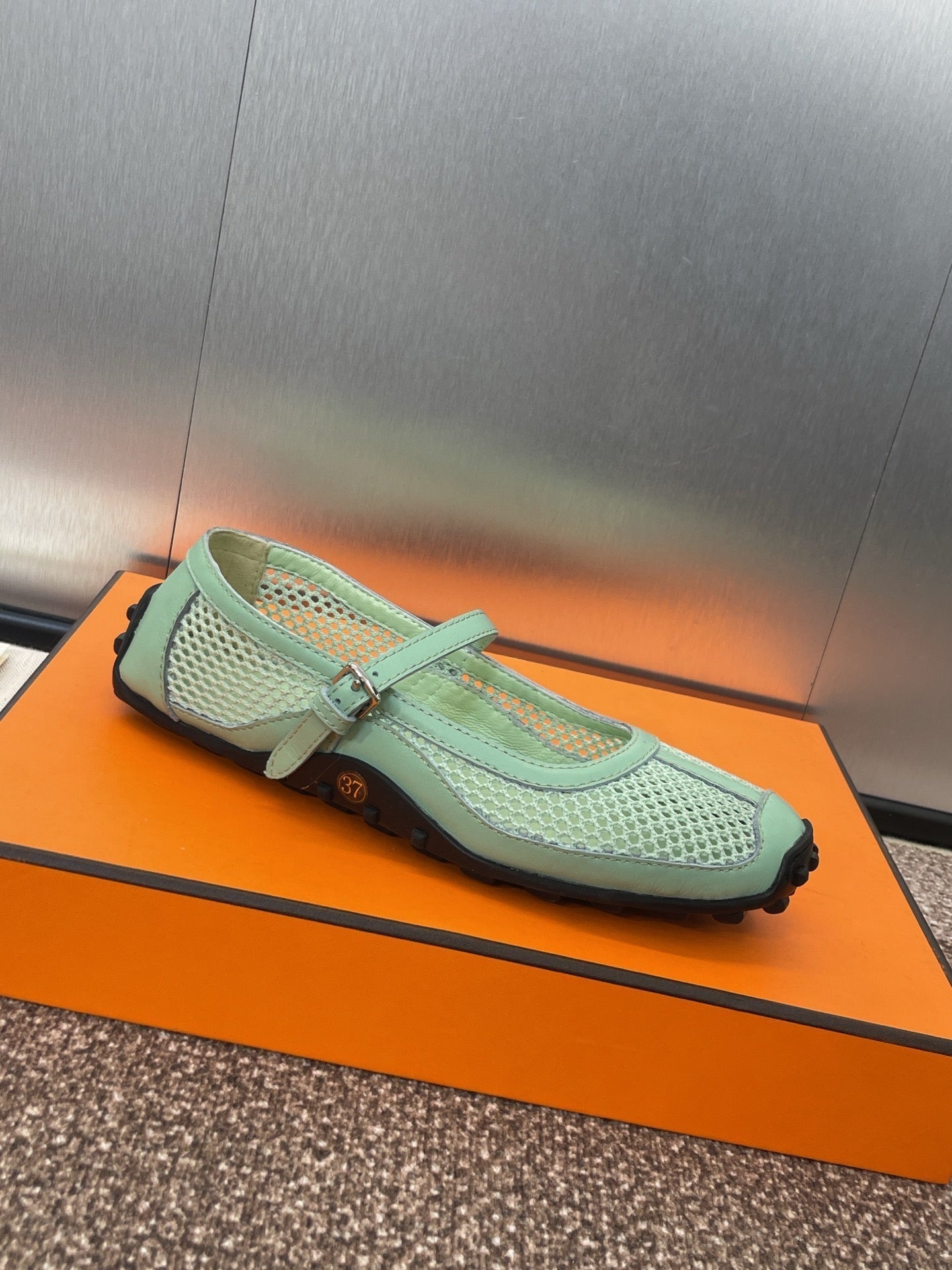 KICHU BALLET FLAT IN GREEN MINT CROCHET KNIT AND CALFSKIN - 35