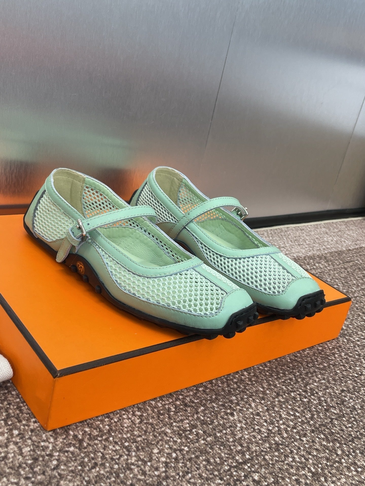 KICHU BALLET FLAT IN GREEN MINT CROCHET KNIT AND CALFSKIN - 35