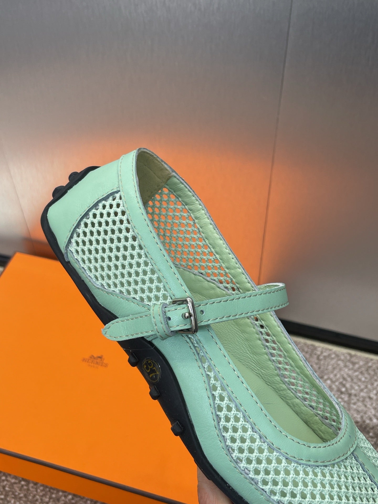 KICHU BALLET FLAT IN GREEN MINT CROCHET KNIT AND CALFSKIN - 35