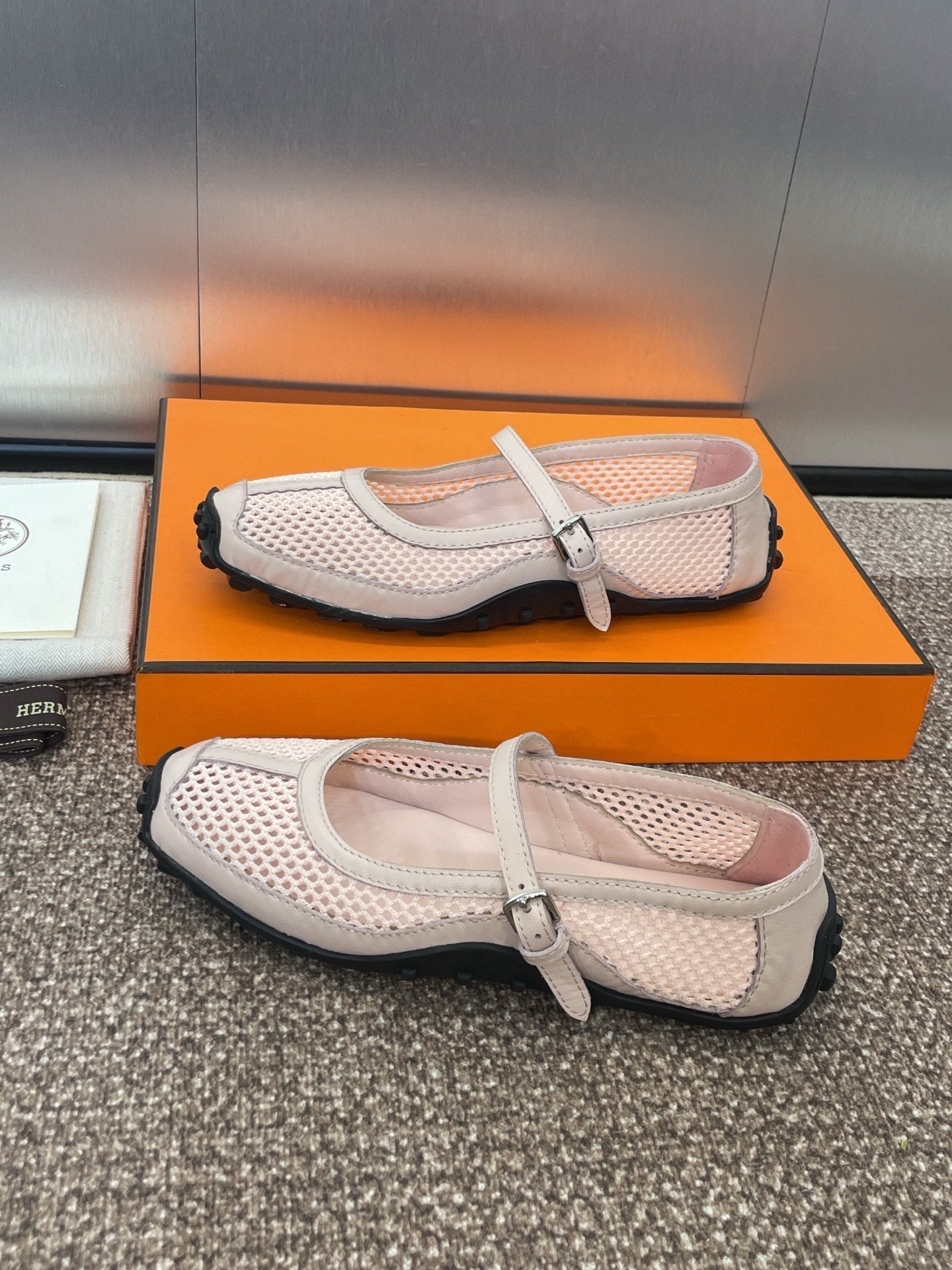 KICHU BALLET FLAT IN LIGHT PINK CROCHET KNIT AND CALFSKIN - 35
