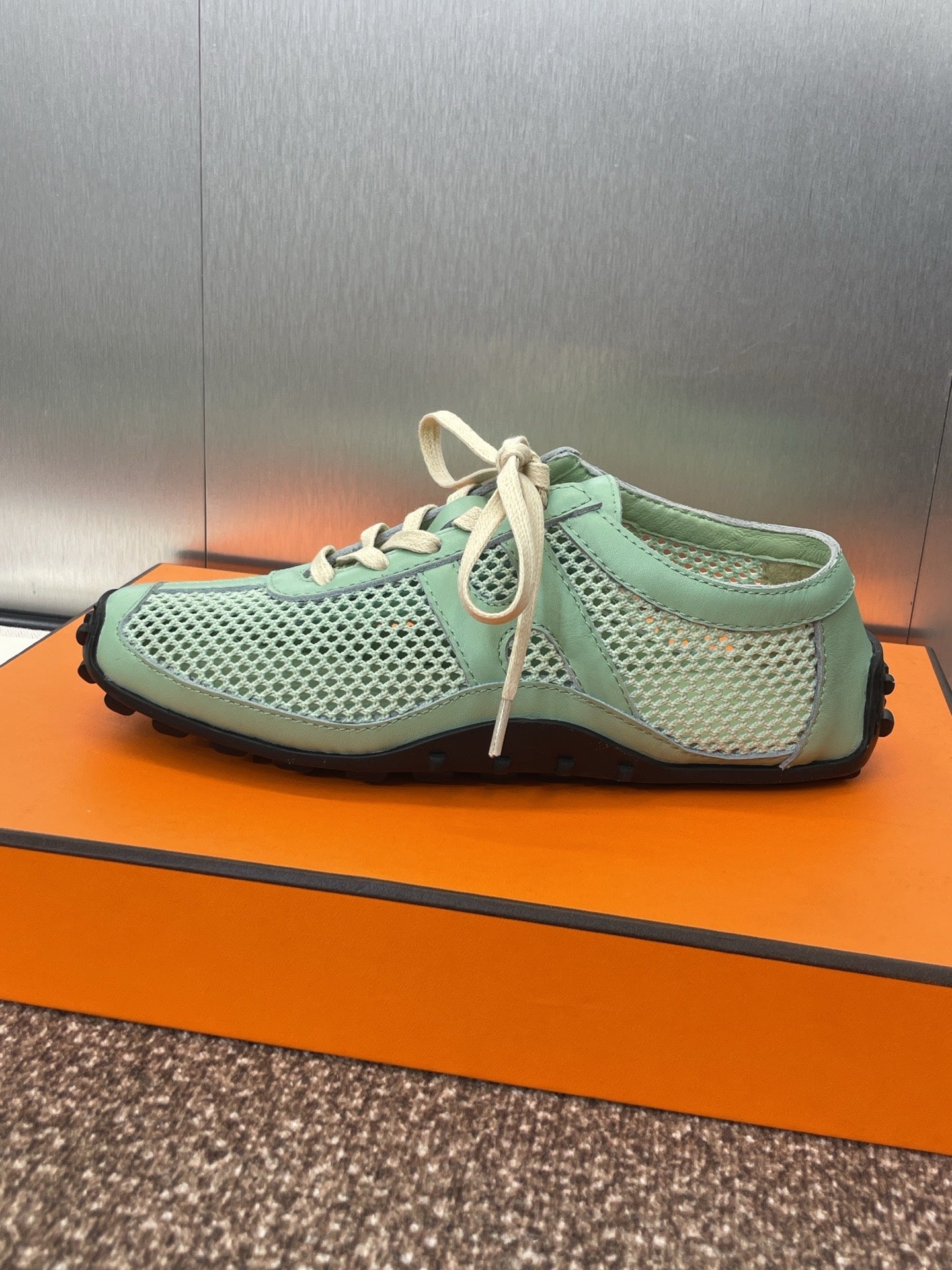 KIGA SNEAKER IN GREEN MINT CROCHET KNIT AND CALFSKIN - 35
