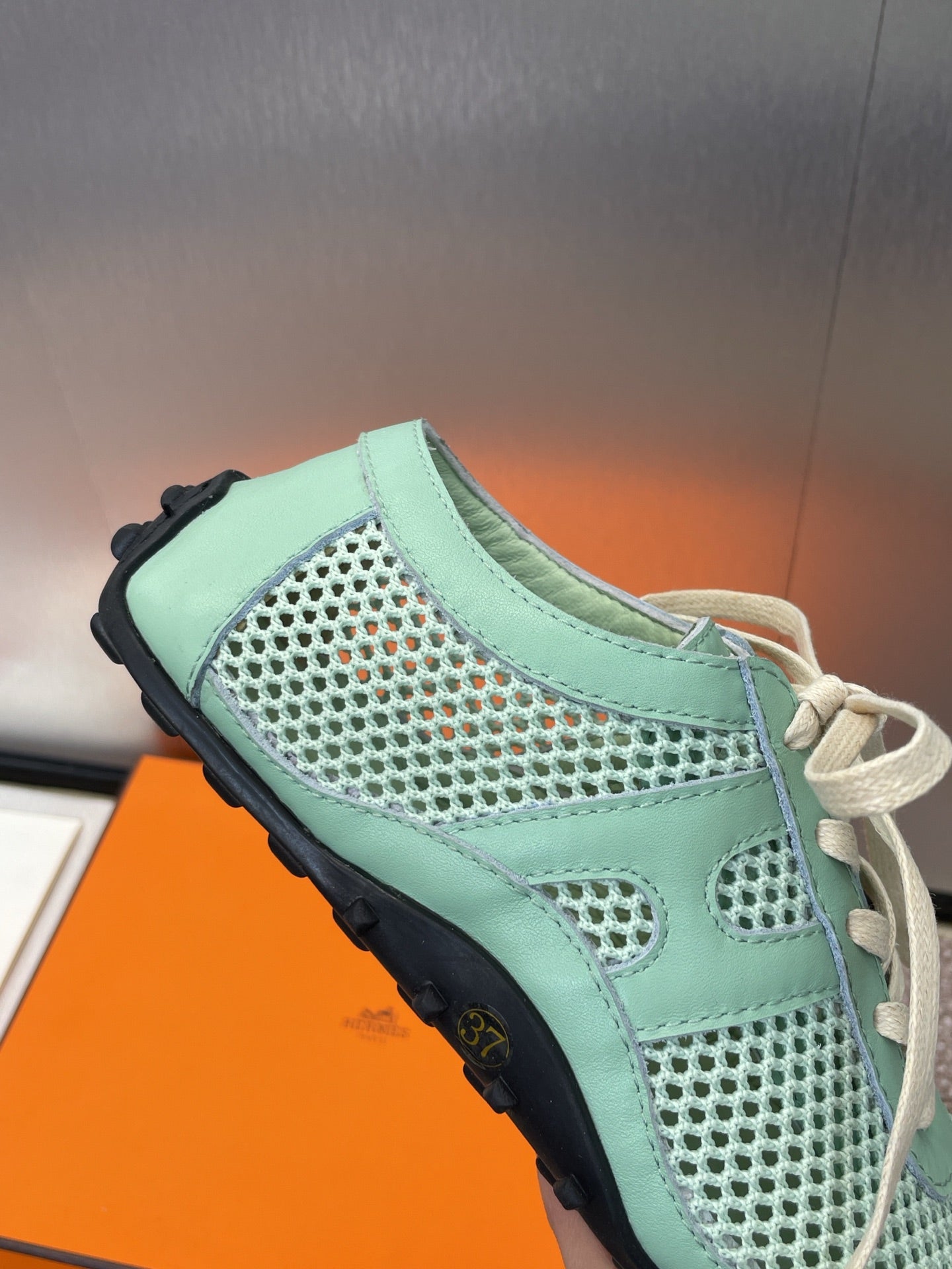 KIGA SNEAKER IN GREEN MINT CROCHET KNIT AND CALFSKIN - 35