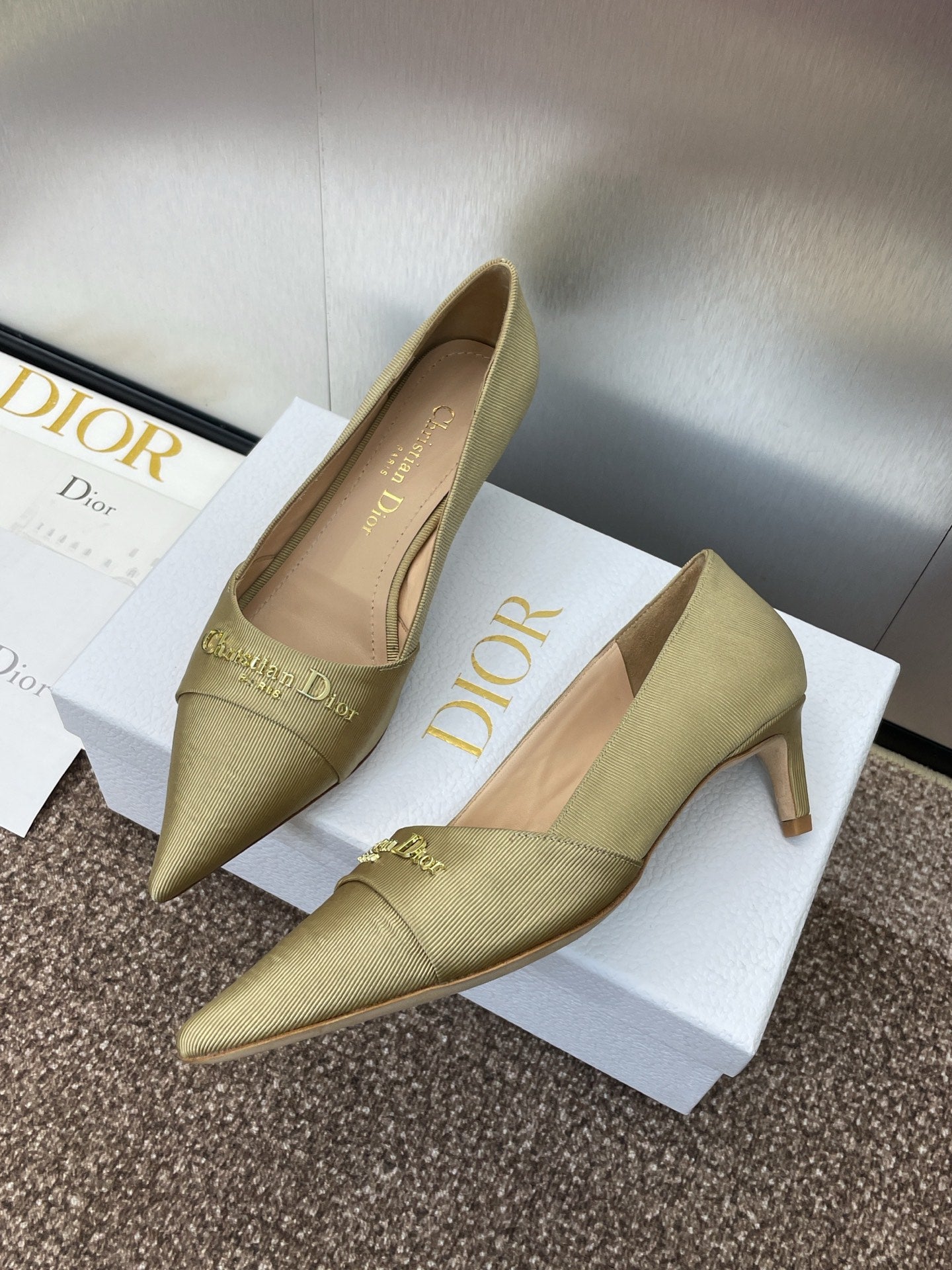 MY DD 25S HIGH HEEL 55MM IN KHAKI GOLD FABRIC GOLD LOGO - 34