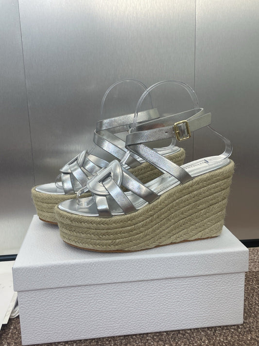 D-CLUB 25S HIGH HEEL WEDGE 100MM IN SILVER GLOSSY CALFSKIN RAFFIA SOLE - 34