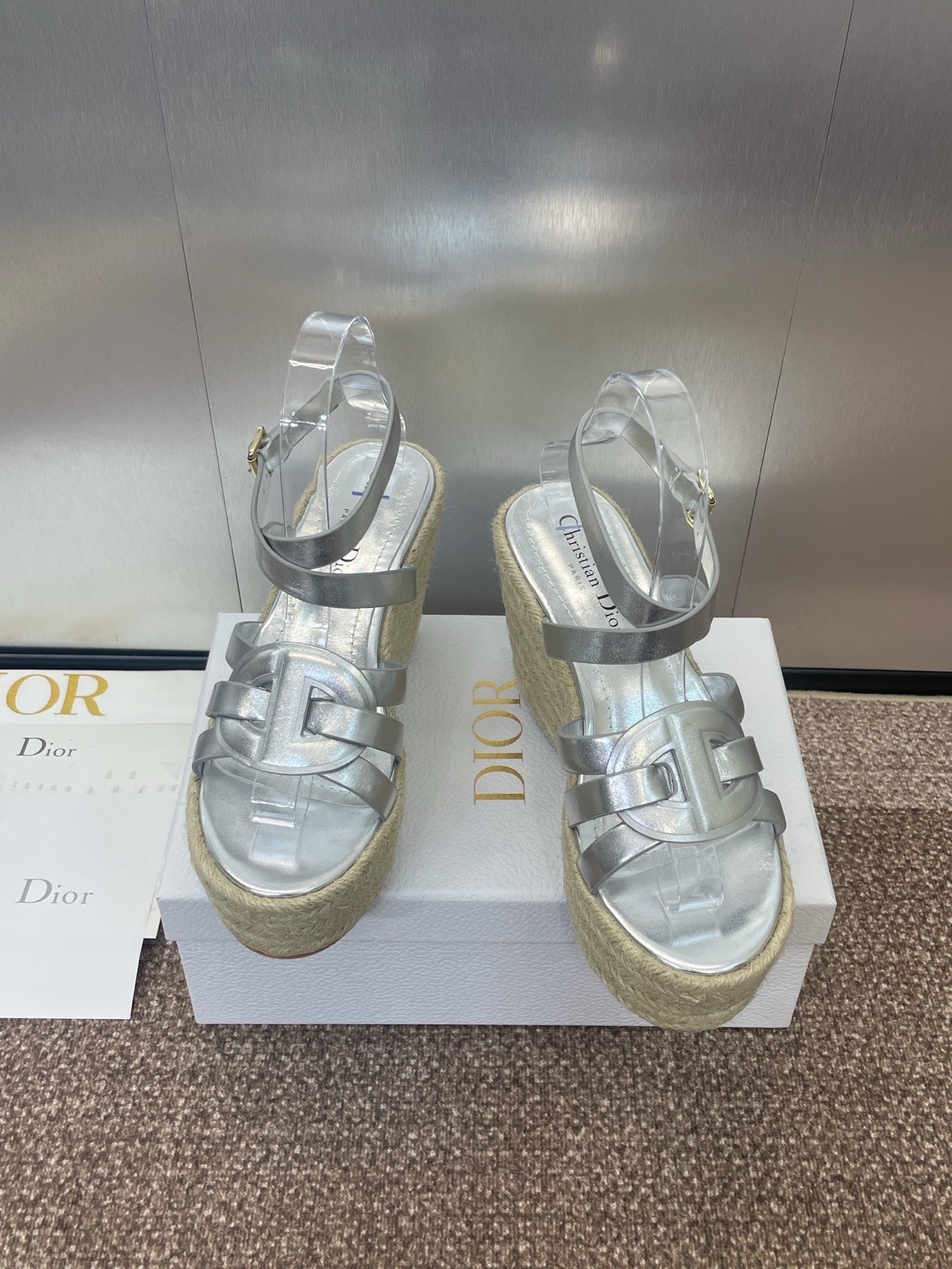 D-CLUB 25S HIGH HEEL WEDGE 100MM IN SILVER GLOSSY CALFSKIN RAFFIA SOLE - 34
