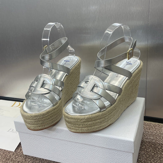 D-CLUB 25S HIGH HEEL WEDGE 100MM IN SILVER GLOSSY CALFSKIN RAFFIA SOLE - 34