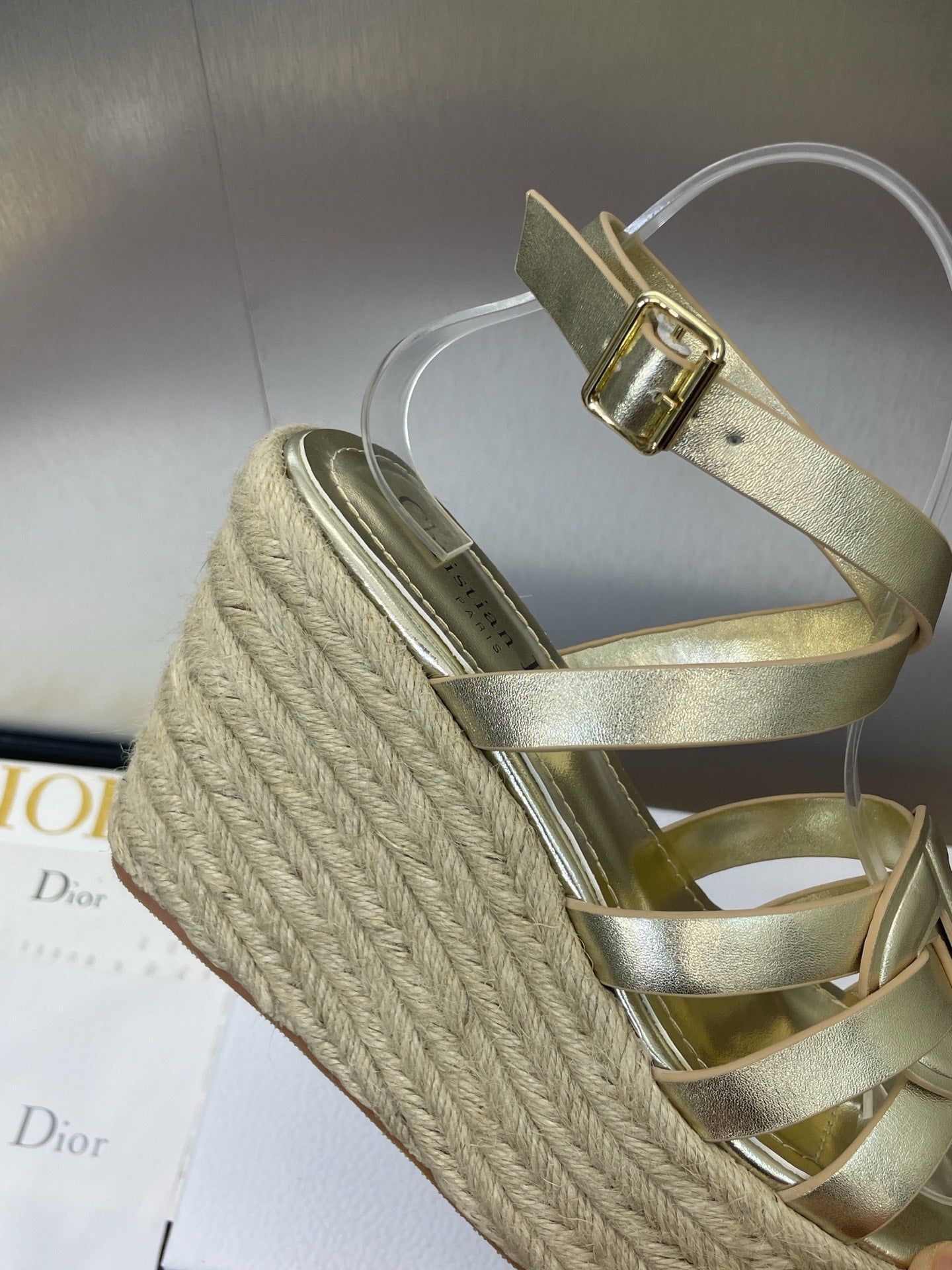 D-CLUB 25S HIGH HEEL WEDGE 100MM IN GOLD GLOSSY CALFSKIN RAFFIA SOLE - 34