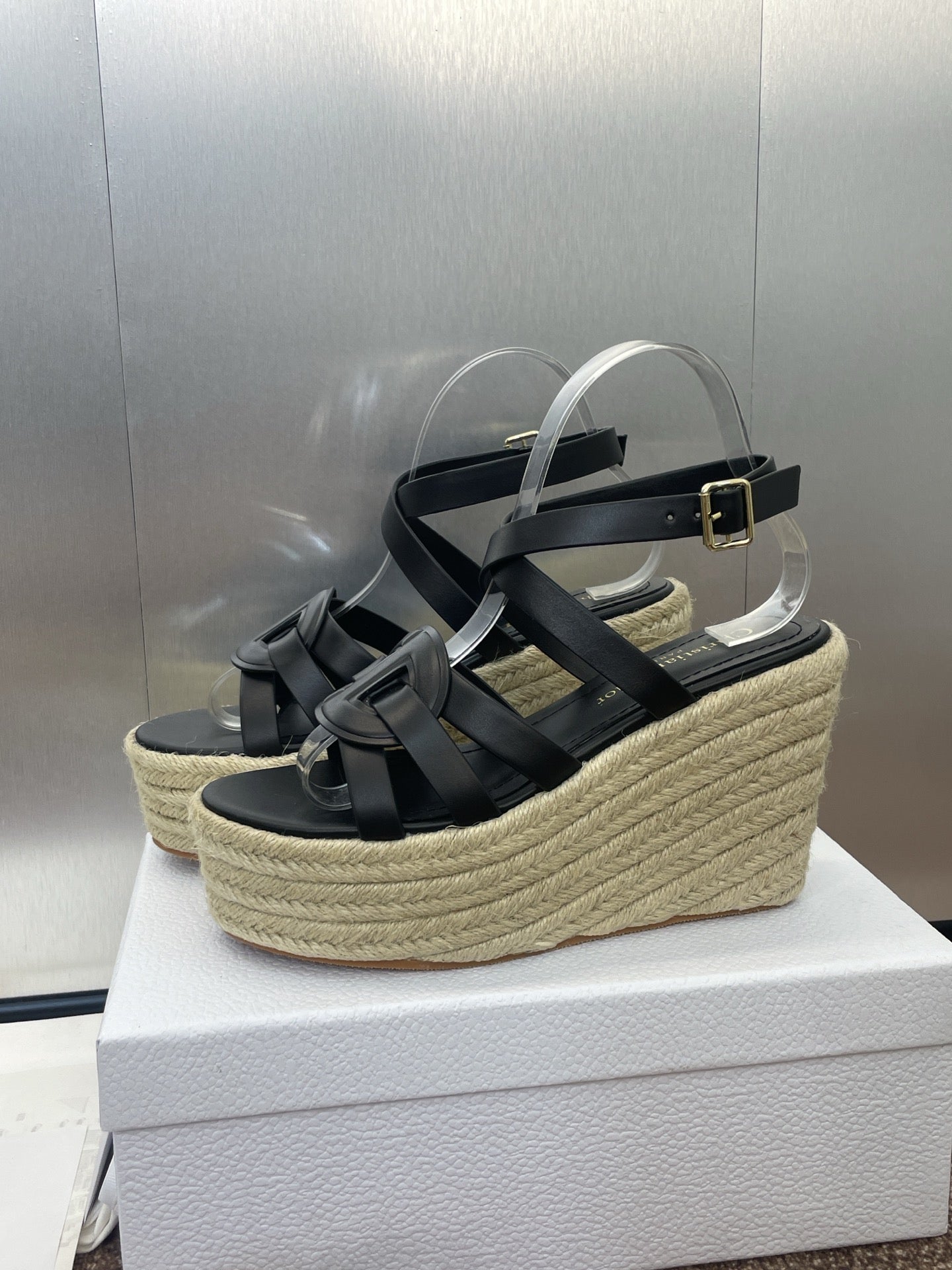 D-CLUB 25S HIGH HEEL WEDGE 100MM IN BLACK CALFSKIN RAFFIA SOLE - 34