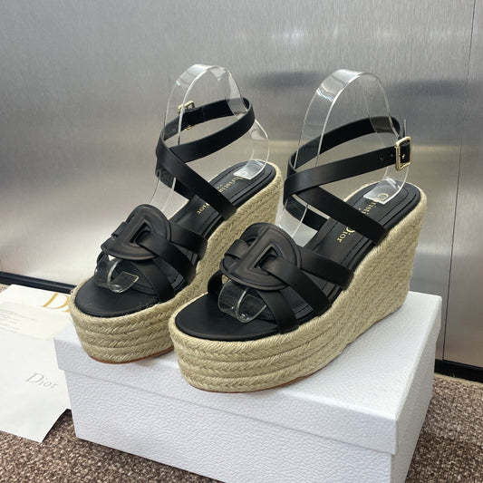 D-CLUB 25S HIGH HEEL WEDGE 100MM IN BLACK CALFSKIN RAFFIA SOLE - 34