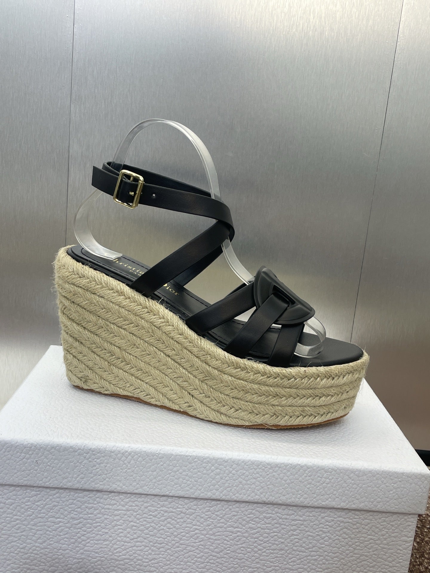 D-CLUB 25S HIGH HEEL WEDGE 100MM IN BLACK CALFSKIN RAFFIA SOLE - 34