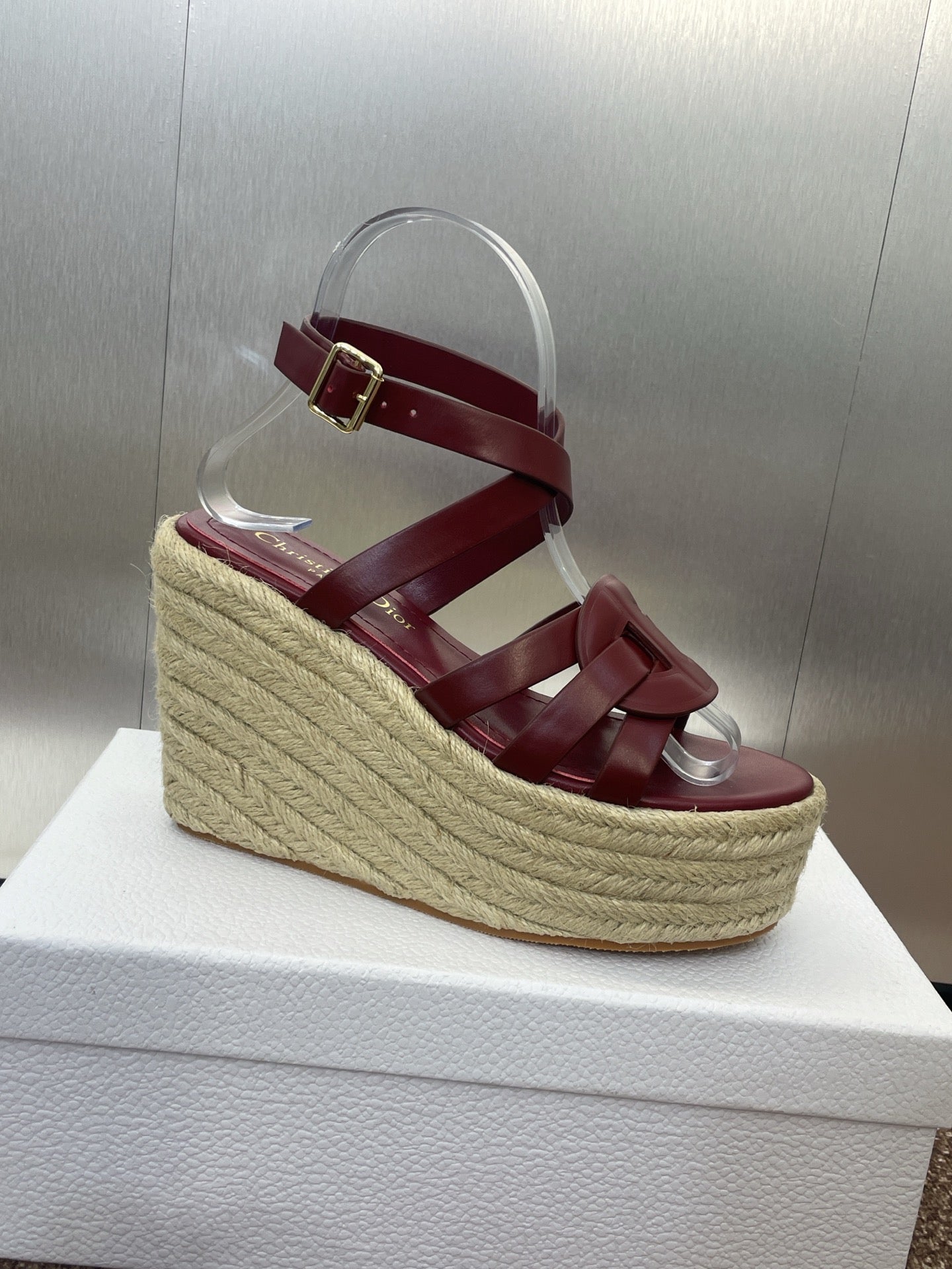 D-CLUB 25S HIGH HEEL WEDGE 100MM IN BURGUNDY RED CALFSKIN RAFFIA SOLE - 34